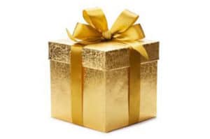 A gold wrapped gift with a bow
