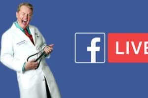 Dr. Paul Vanek posing with his stethoscope like a guitar next to the facebook live logo