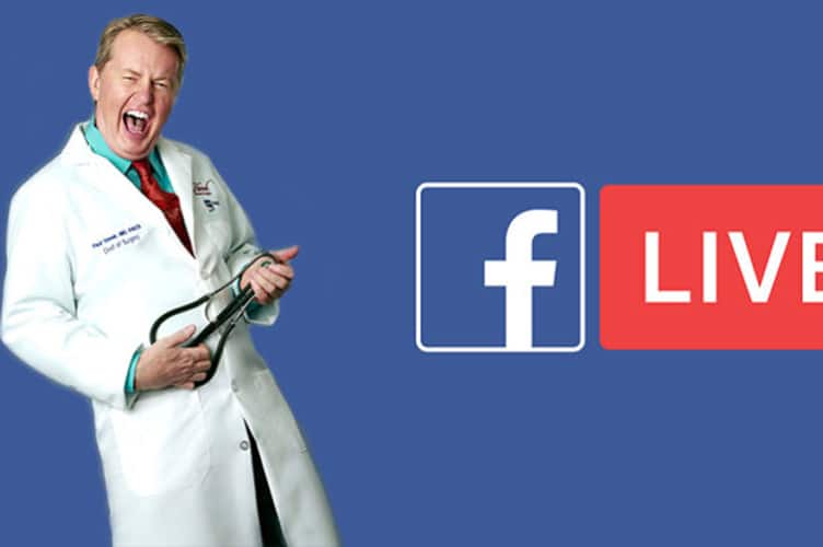 Dr. Paul Vanek posing with his stethoscope like a guitar next to the facebook live logo