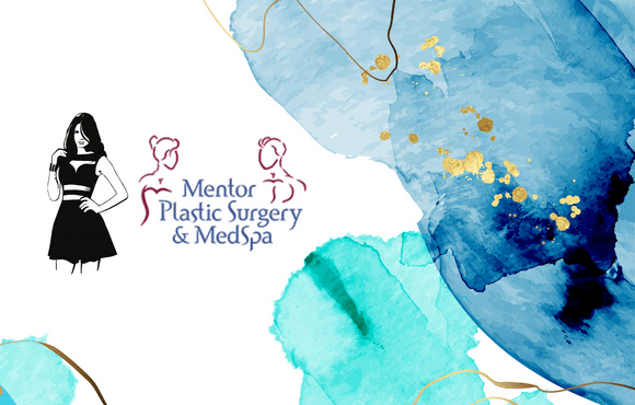 Photo of Mentor Plastic Surgery and MedSpa logo and illustration of a woman in a black dress with a blue and gold marble background