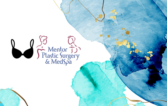Photo of Mentor Plastic Surgery and MedSpa logo and illustration of a black bra with a blue and gold marble background