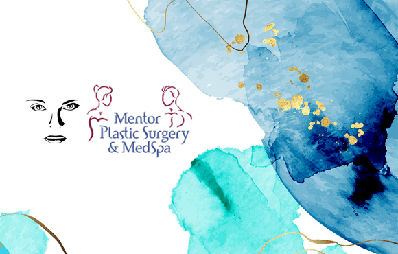 Photo of Mentor Plastic Surgery and MedSpa logo and illustration of a face with a blue and gold marble background