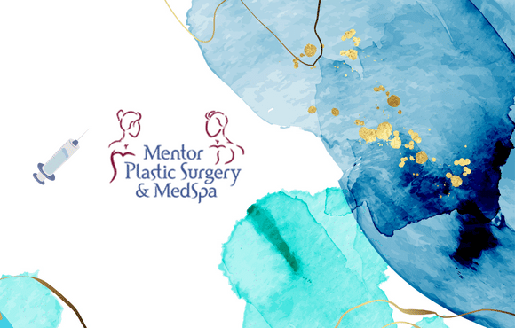 Photo of Mentor Plastic Surgery and MedSpa logo and syringe with a blue and gold marble background
