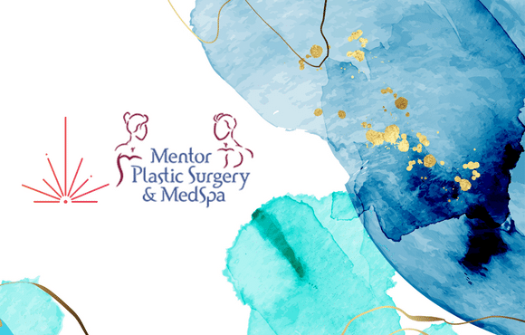 Photo of Mentor Plastic Surgery and MedSpa logo and minimalist sunbeam image with a blue and gold marble background