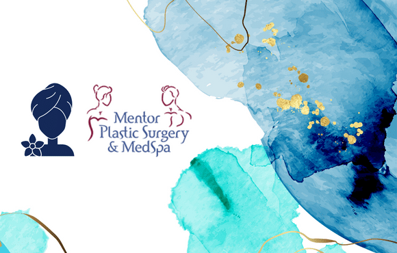 Photo of Mentor Plastic Surgery and MedSpa logo and illustration of a woman with a towel on her head and a flower on her shoulder with a blue and gold marble background