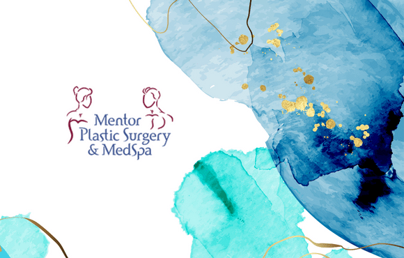 Photo of Mentor Plastic Surgery and MedSpa logo with a blue and gold marble background